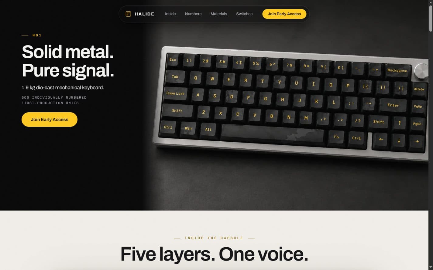 The landing page hero, setting a two-line claim and an access control against the keyboard photographed at an angle on a dark field.