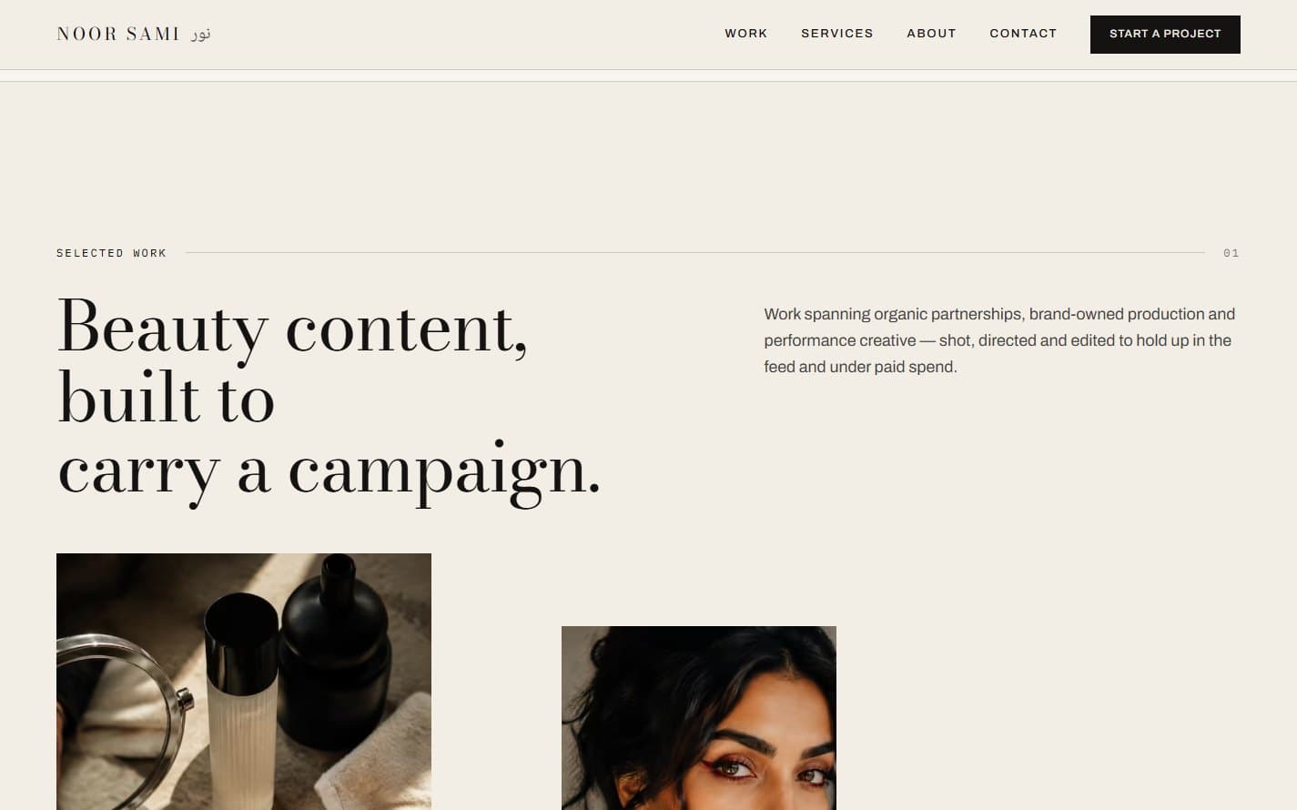 The selected-work chapter, opening on a full-width statement above a staggered image grid.