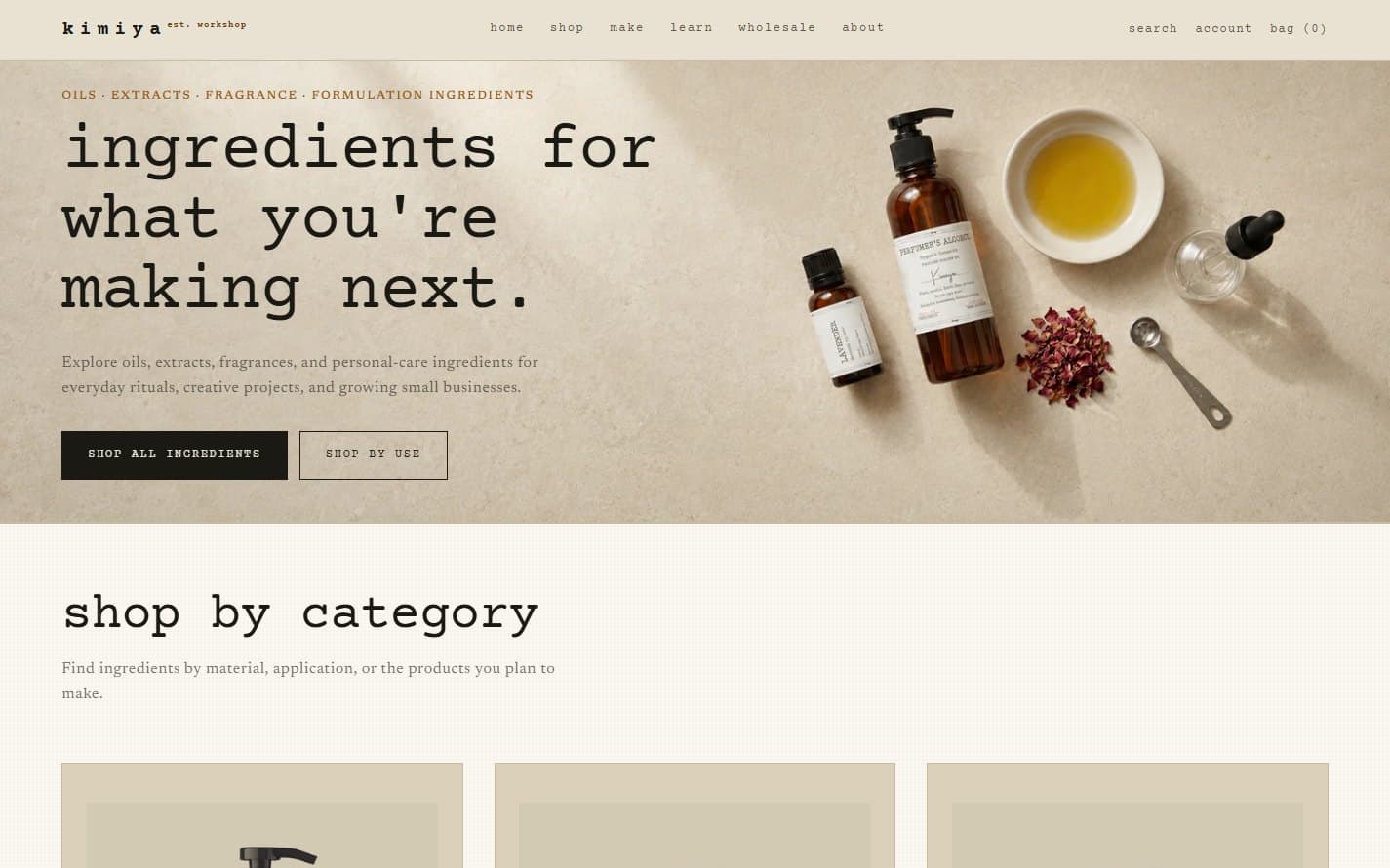 The storefront homepage, setting the category line over a flat-lay of oils, extracts and tools.