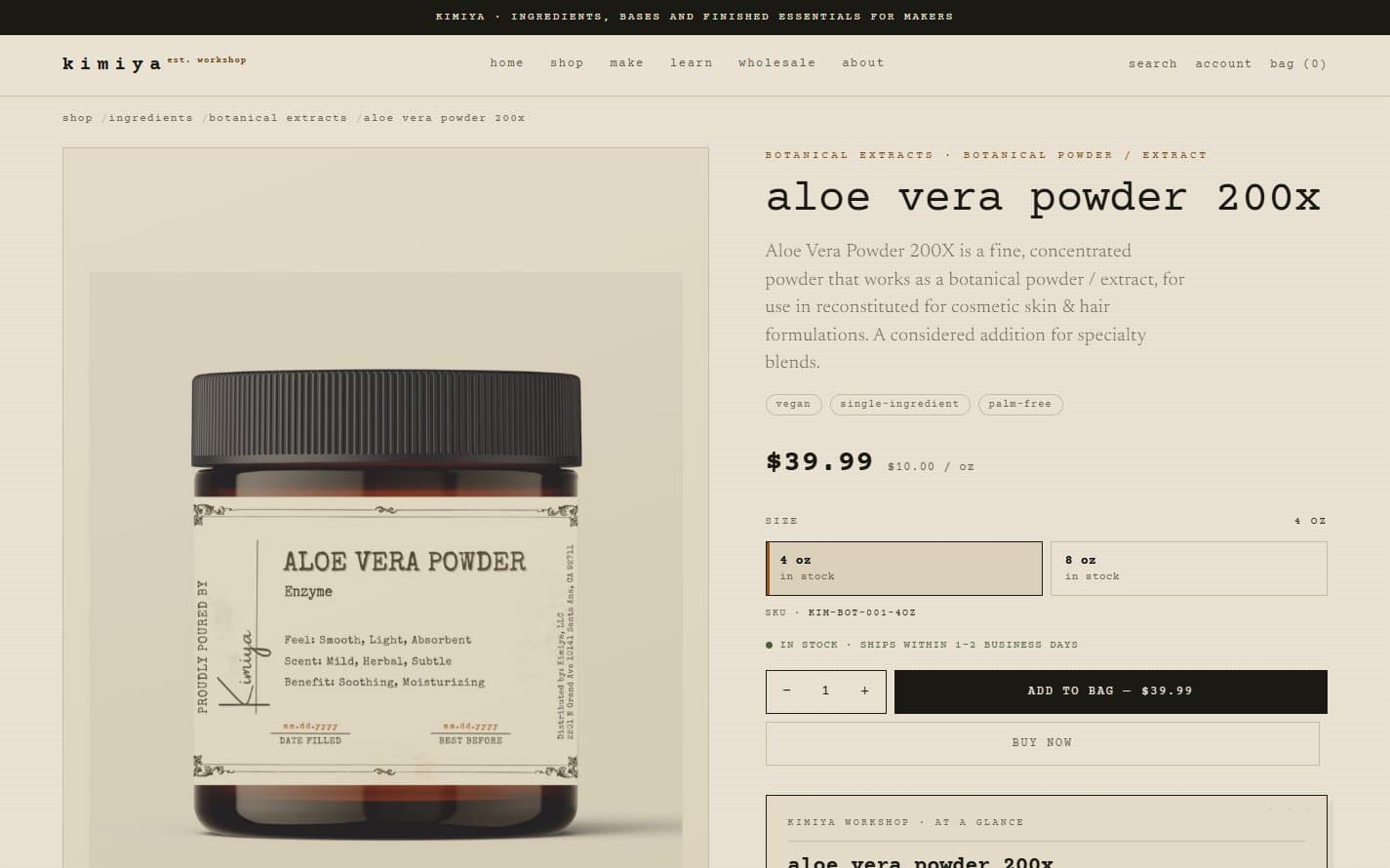 A product page, pairing the labelled jar with size options, per-ounce pricing, stock state and an at-a-glance specification block.