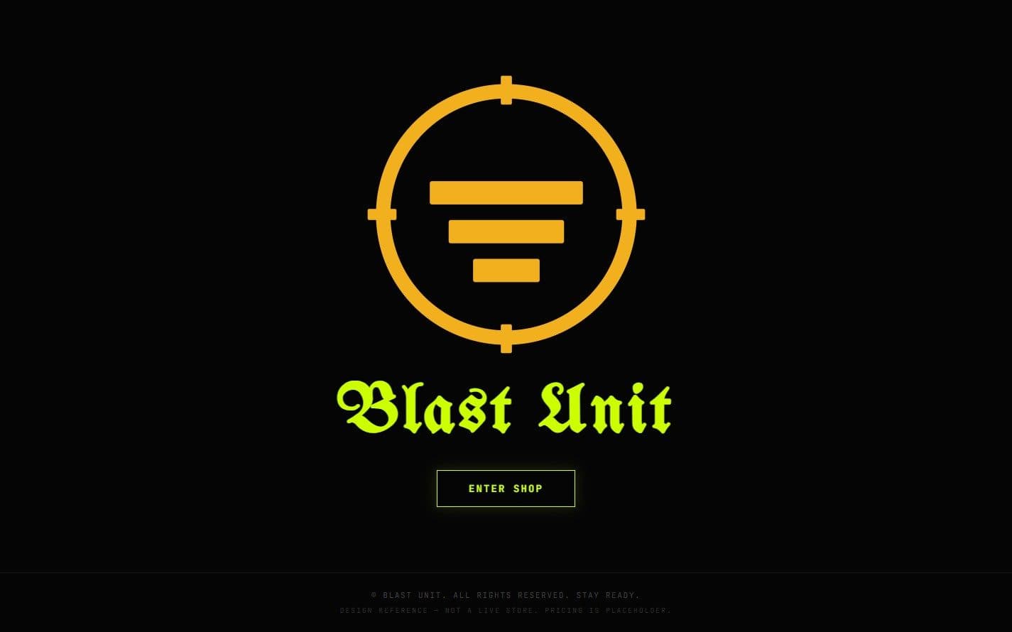 The entry gate, setting the crosshair mark and a blackletter wordmark on black above a single control into the shop.