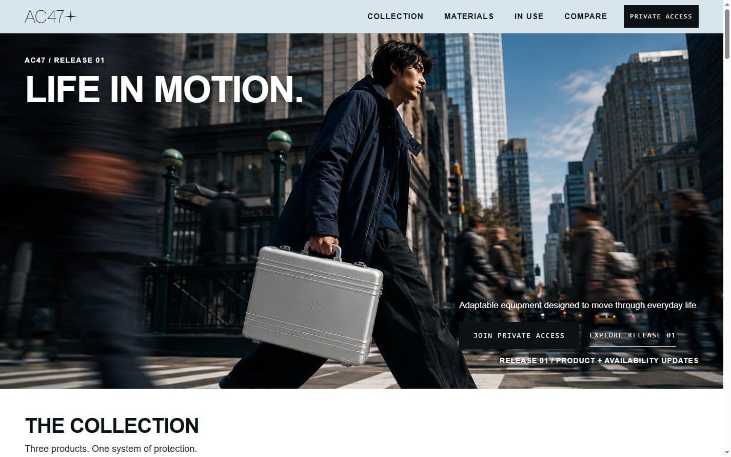 The release-led hero, setting a two-word campaign line over a street photograph of the protective case carried through a crossing.